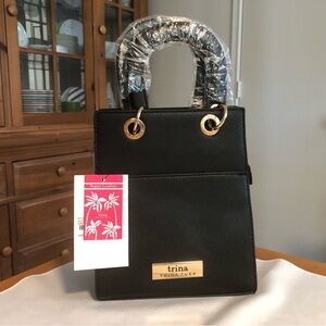 NWT Trina Turk Black Vegan Leather Structured Top-Handle Bag